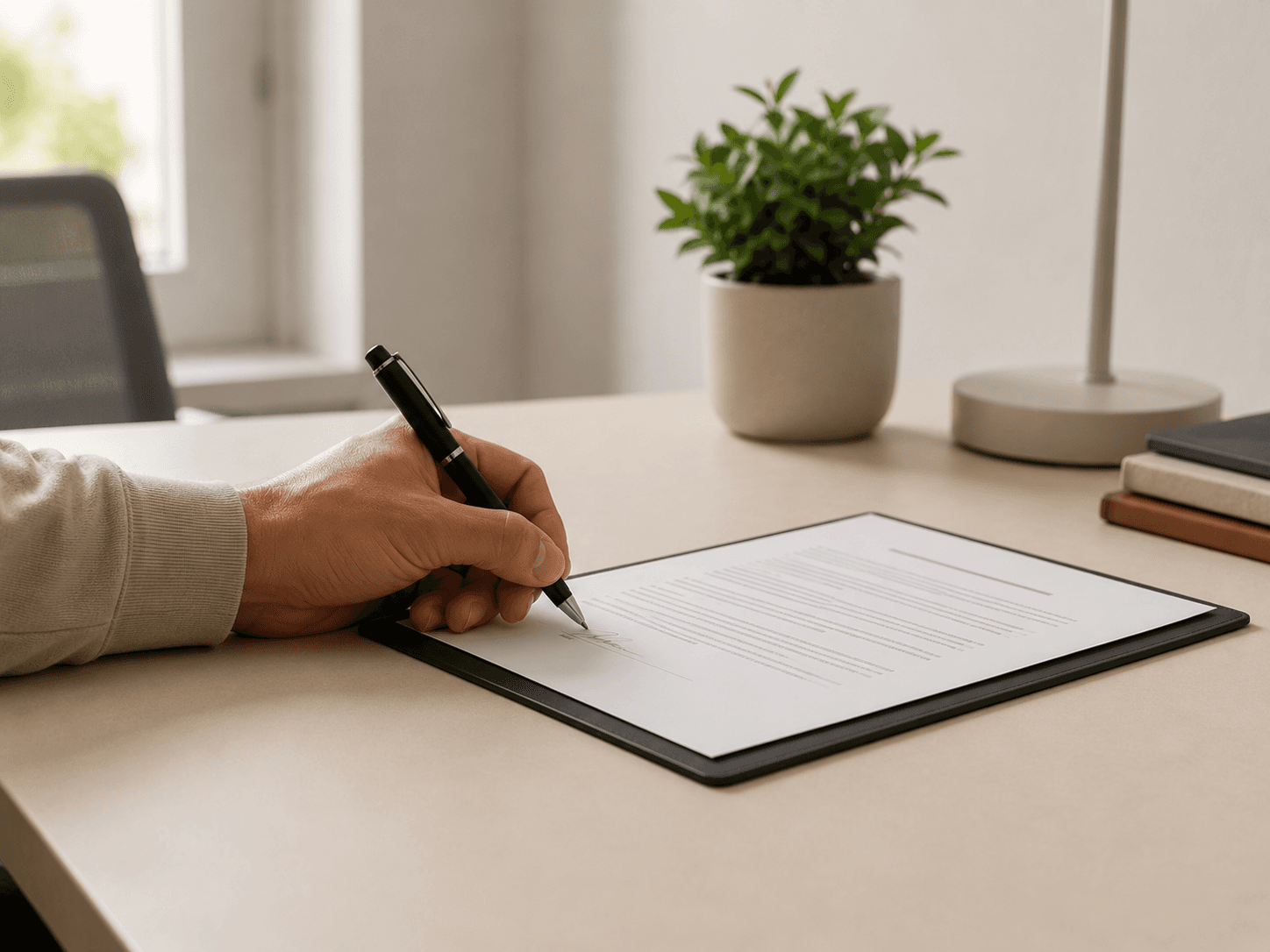 Mano firmando un contrato de trabajo sobre un escritorio
